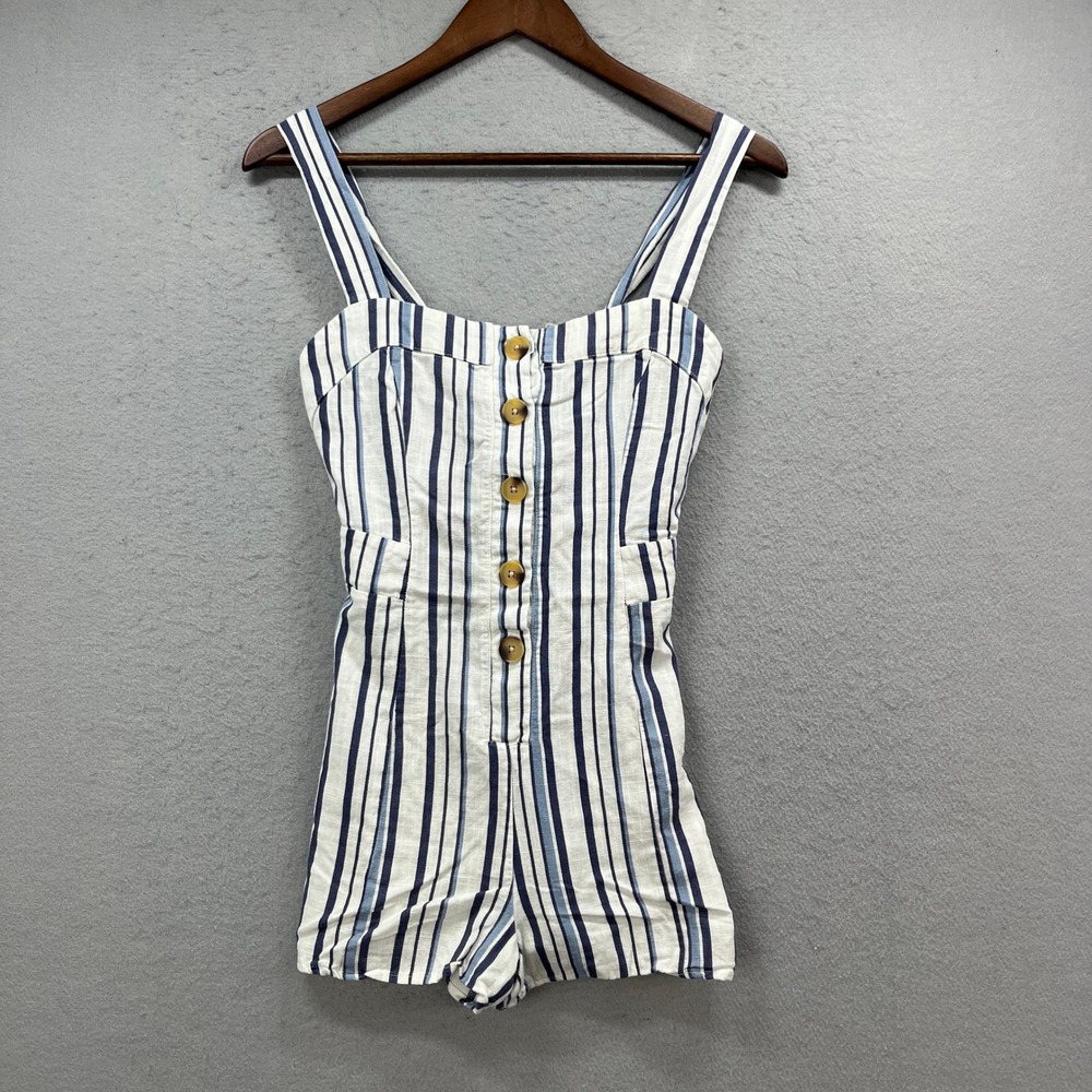 Lottie Moss Romper Womens Small Blue White Striped Linen Blend Button Front Boho